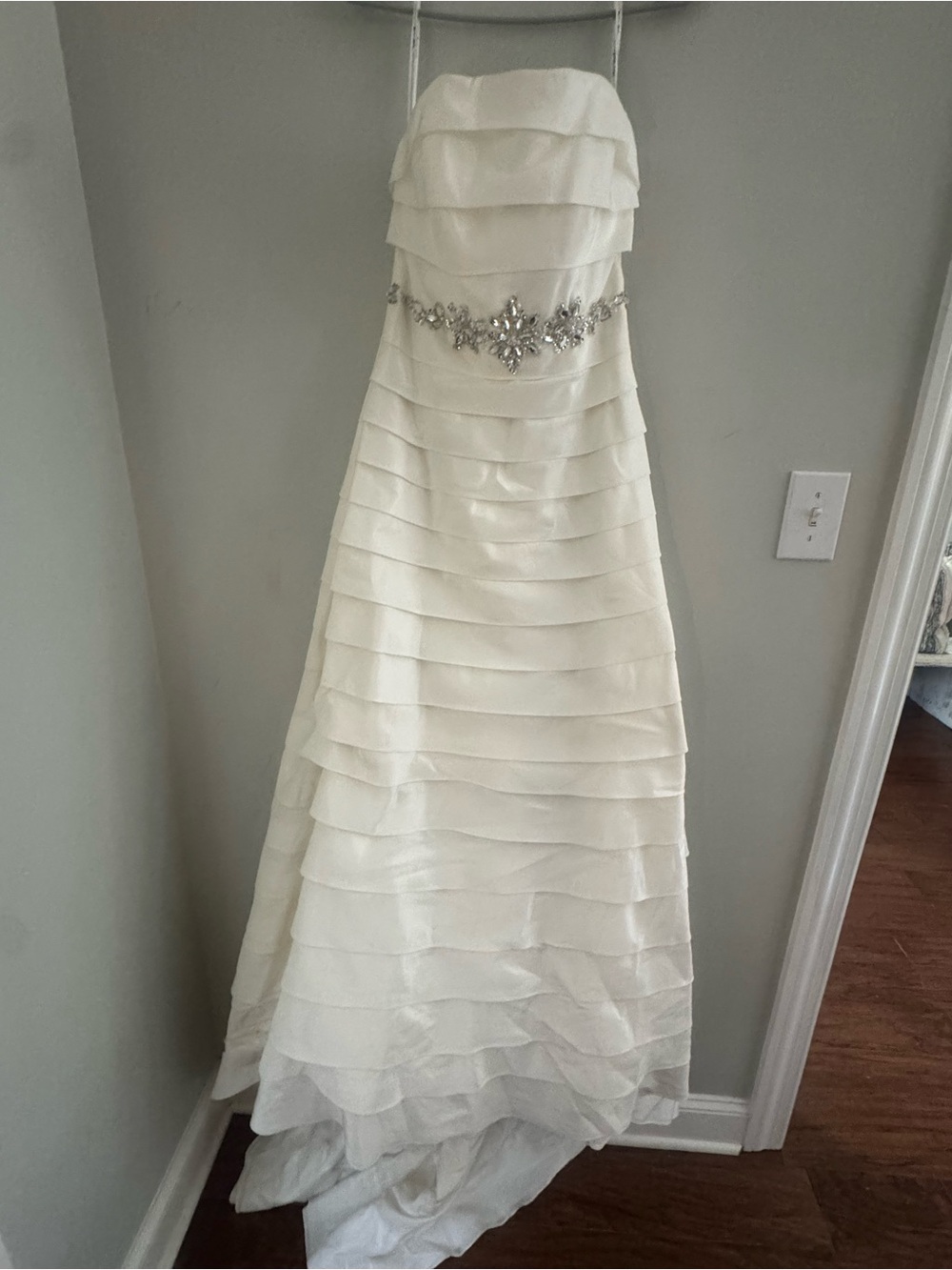 Mia Solano Ivory Strapless Layered A-Line Wedding Dress with Crystal Beaded Belt
